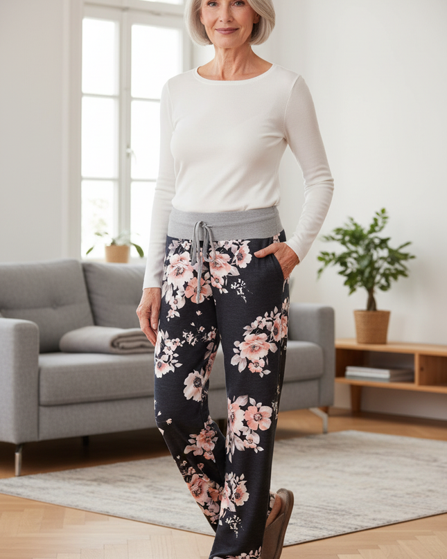 Freizeithose Damen Blumenmuster Dunkelblau bequem weit - Ansicht 1