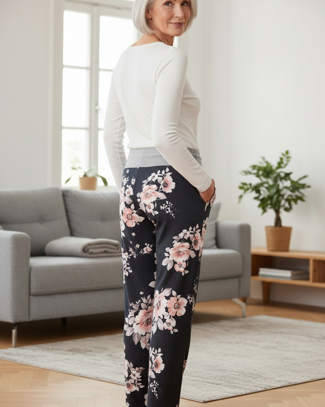 Freizeithose Damen Blumenmuster Dunkelblau bequem weit - Ansicht 2