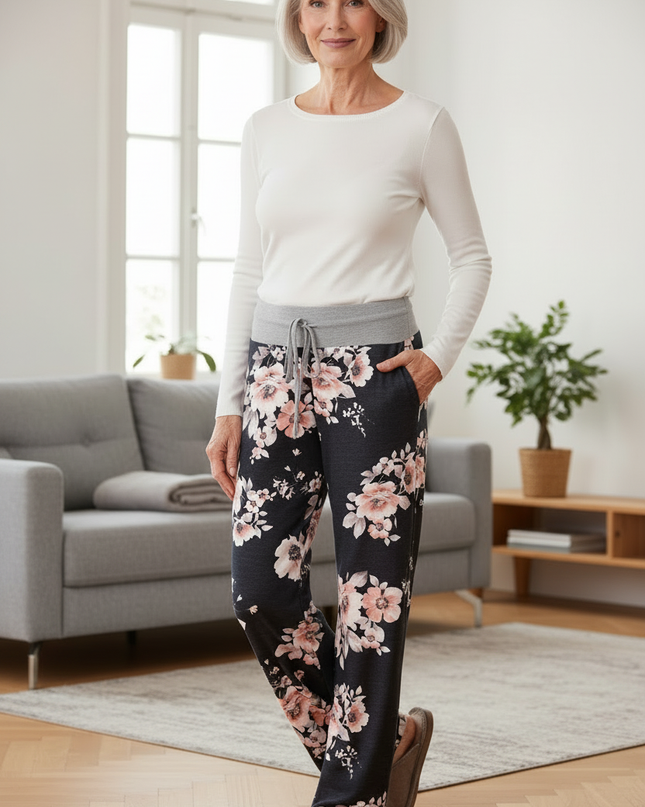 Freizeithose Damen Blumenmuster Dunkelblau bequem weit - Ansicht 3