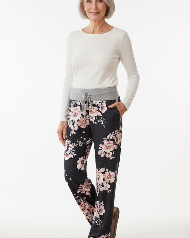 Freizeithose Damen Blumenmuster Dunkelblau bequem weit - Ansicht 5