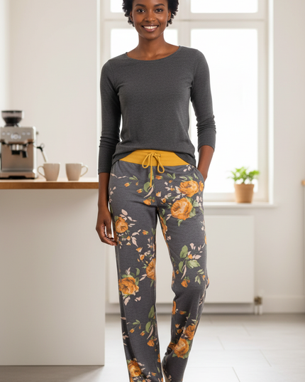 Freizeithose Damen Blumenmuster Gelb weite Passform - Ansicht 1