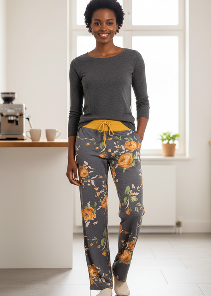 Freizeithose Damen Blumenmuster Gelb weite Passform - Ansicht 1