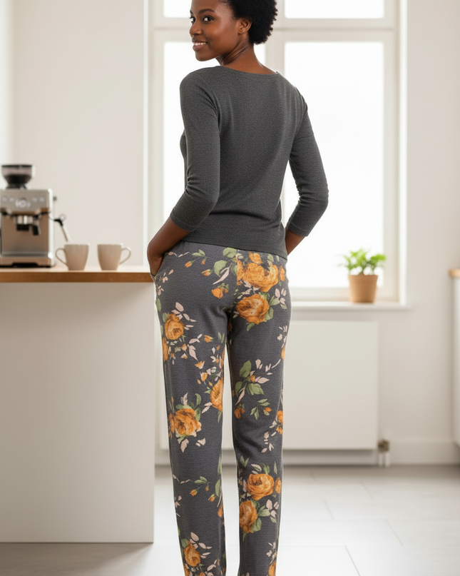 Freizeithose Damen Blumenmuster Gelb weite Passform - Ansicht 2