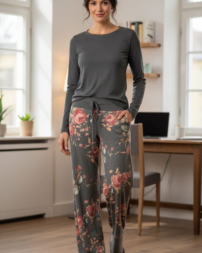 Freizeithose Damen Blumenmuster Grau - bequem & weit - Ansicht 1