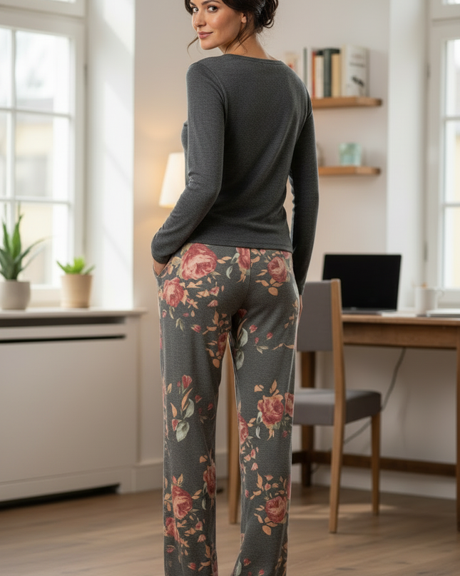 Freizeithose Damen Blumenmuster Grau - bequem & weit - Ansicht 2
