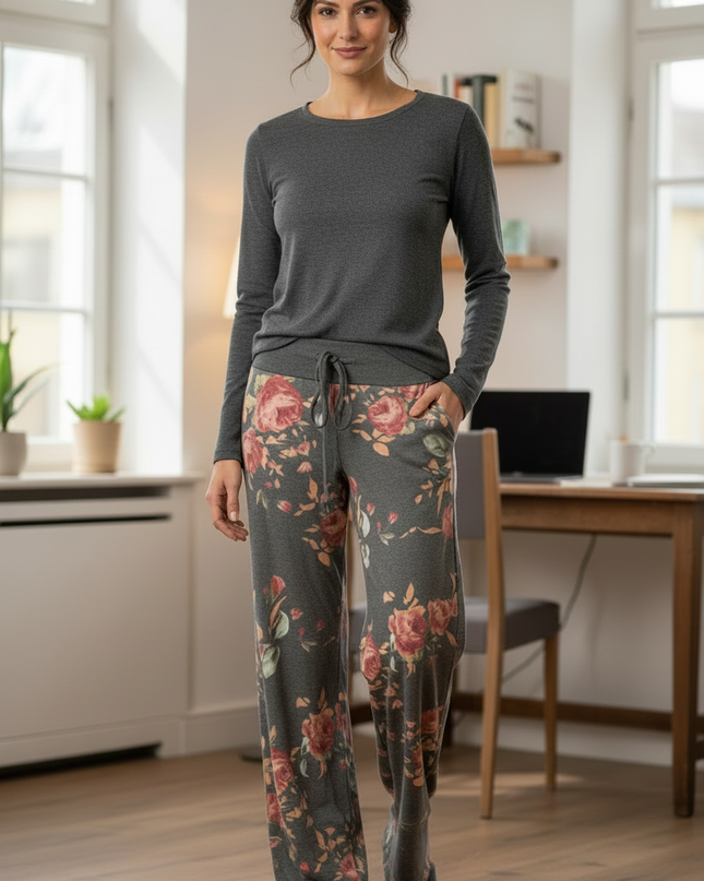 Freizeithose Damen Blumenmuster Grau - bequem & weit - Ansicht 3