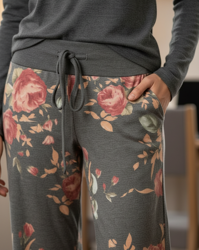 Freizeithose Damen Blumenmuster Grau - bequem & weit - Ansicht 4