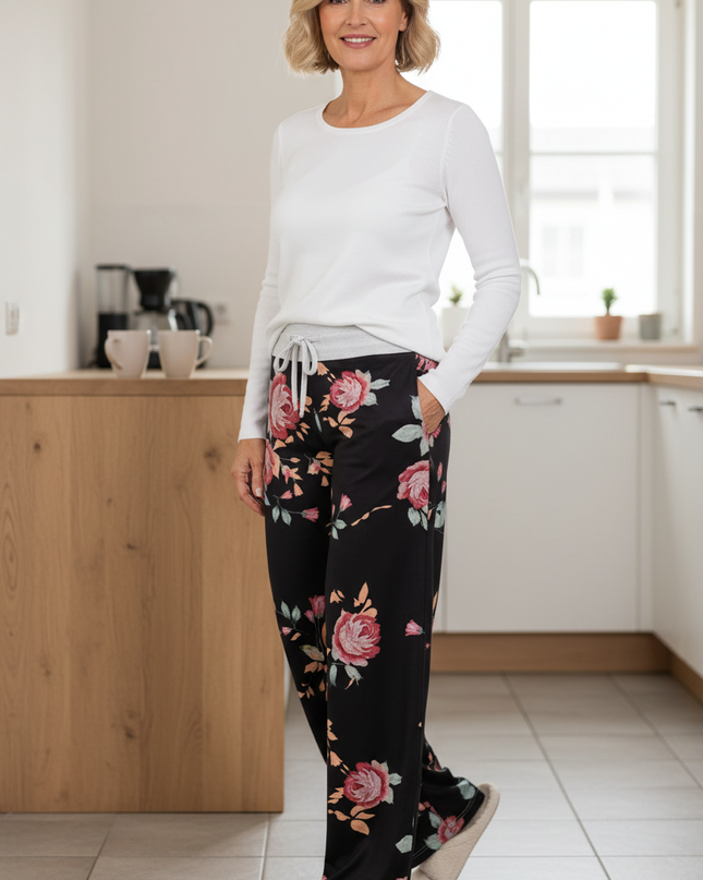 Freizeithose Damen Blumenmuster Schwarz - bequem & weit - Ansicht 1