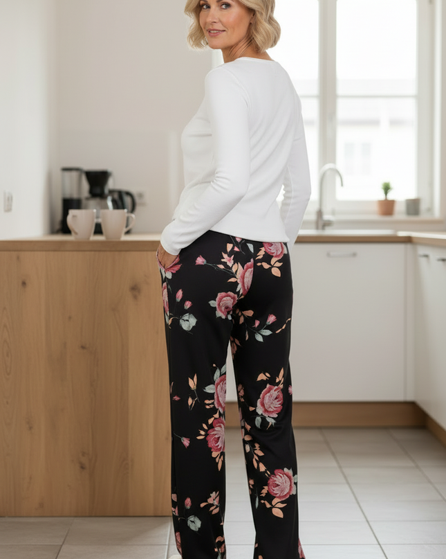 Freizeithose Damen Blumenmuster Schwarz - bequem & weit - Ansicht 2