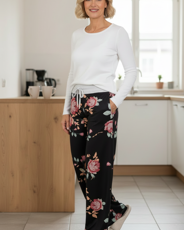 Freizeithose Damen Blumenmuster Schwarz - bequem & weit - Ansicht 3