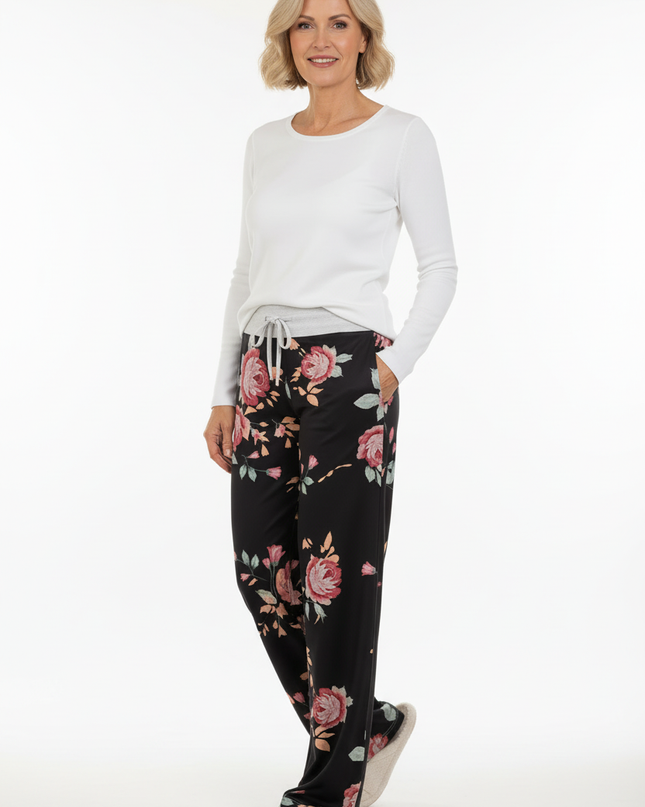Freizeithose Damen Blumenmuster Schwarz - bequem & weit - Ansicht 5