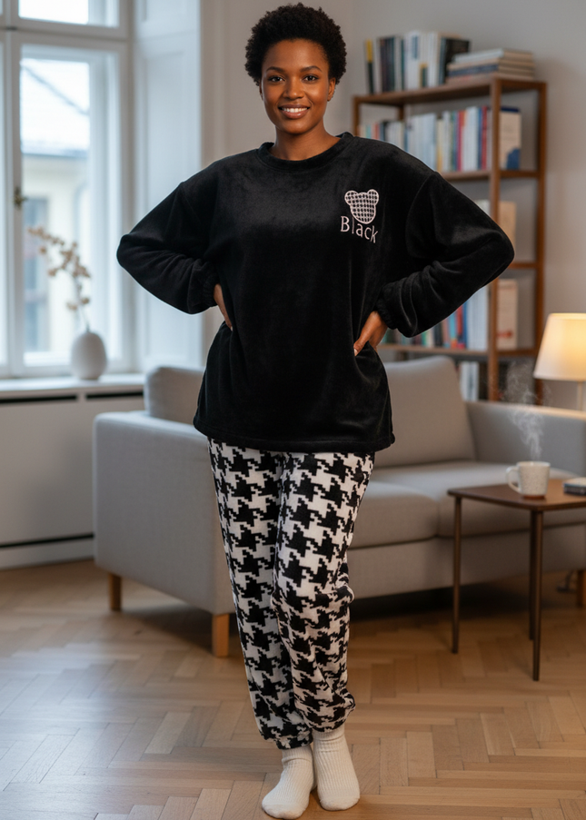 Hausanzug Hahnentritt Schwarz: Samtfleece-Pullover & Hose - Ansicht 1