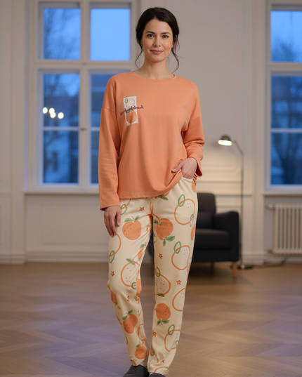Hausanzug Pfirsichmotiv Orange - leichter Jersey - Ansicht 1
