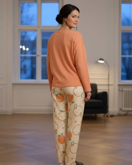 Hausanzug Pfirsichmotiv Orange - leichter Jersey - Ansicht 2