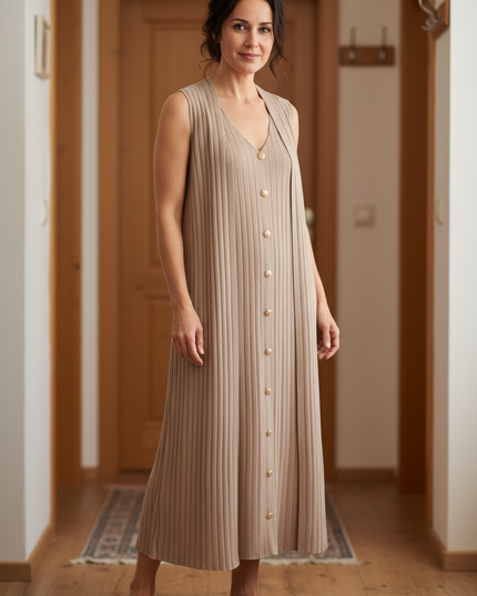 Hauskleid Strick Beige im Set mit Strickjacke - Ansicht 1
