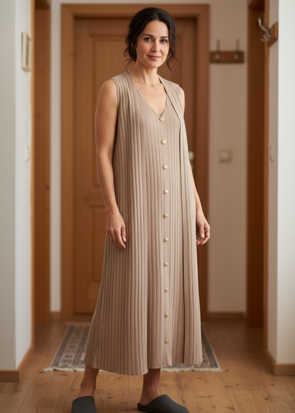 Hauskleid Strick Beige im Set mit Strickjacke - Ansicht 1