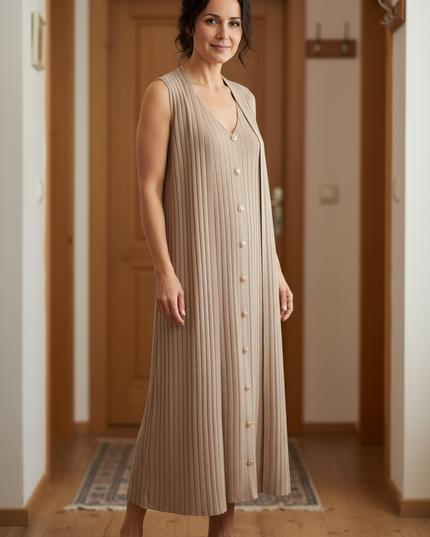Hauskleid Strick Beige im Set mit Strickjacke - Ansicht 3
