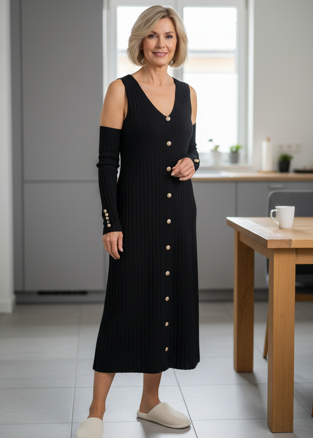 Hauskleid Strick Schwarz aus Rippstrick - Ansicht 1