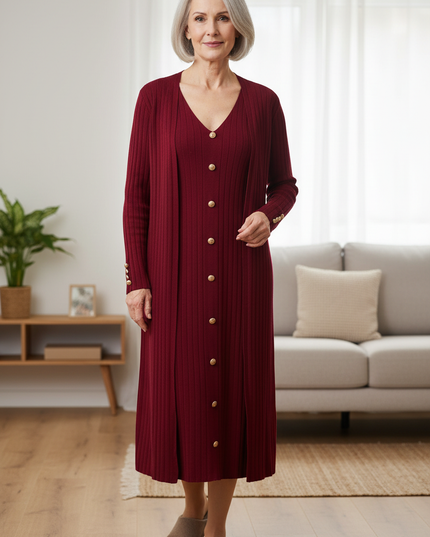 Hauskleid Strick Weinrot - Set mit Strickjacke - Ansicht 1