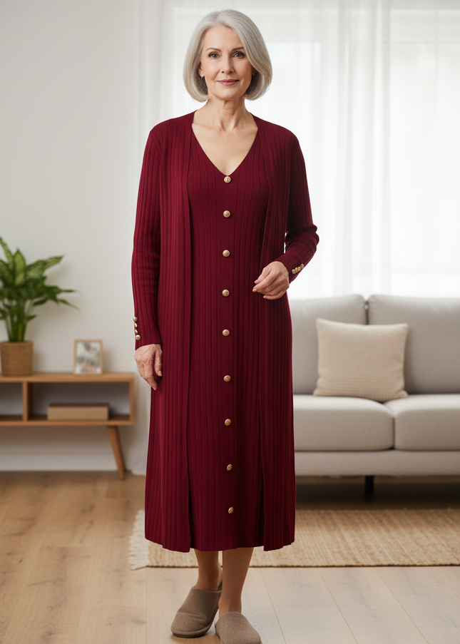 Hauskleid Strick Weinrot - Set mit Strickjacke - Ansicht 1