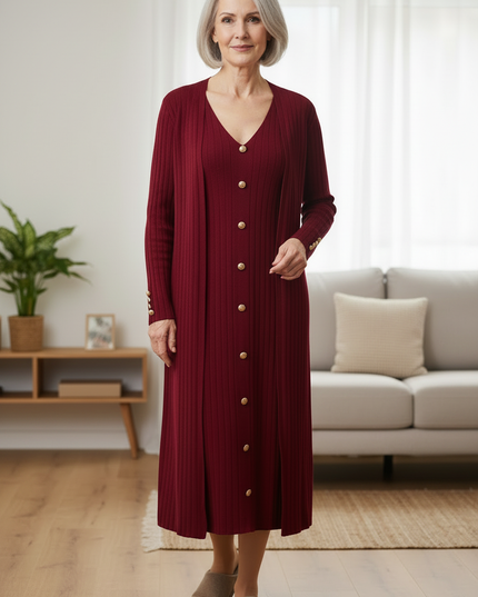 Hauskleid Strick Weinrot - Set mit Strickjacke - Ansicht 3