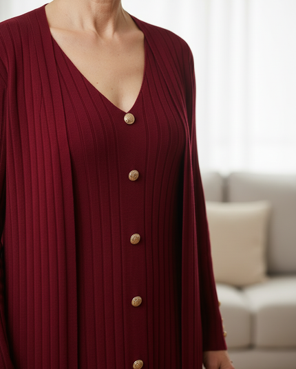 Hauskleid Strick Weinrot - Set mit Strickjacke - Ansicht 4