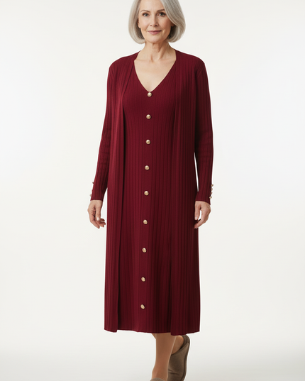 Hauskleid Strick Weinrot - Set mit Strickjacke - Ansicht 5