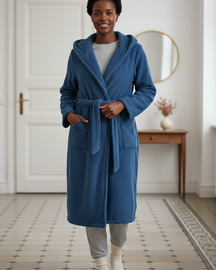 Hausmantel mit Kapuze Blau - weicher Fleece - Ansicht 1