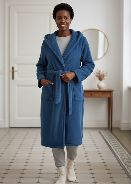 Hausmantel mit Kapuze Blau - weicher Fleece - Ansicht 1