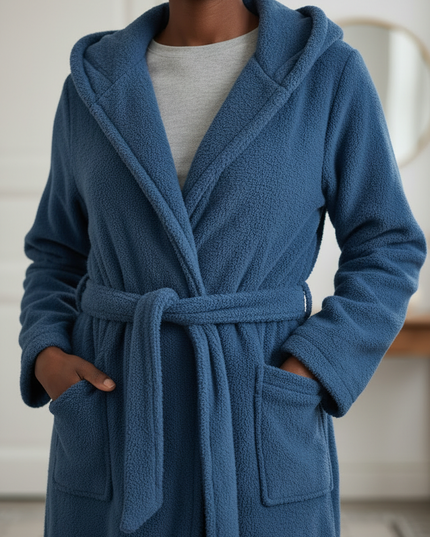 Hausmantel mit Kapuze Blau - weicher Fleece - Ansicht 4