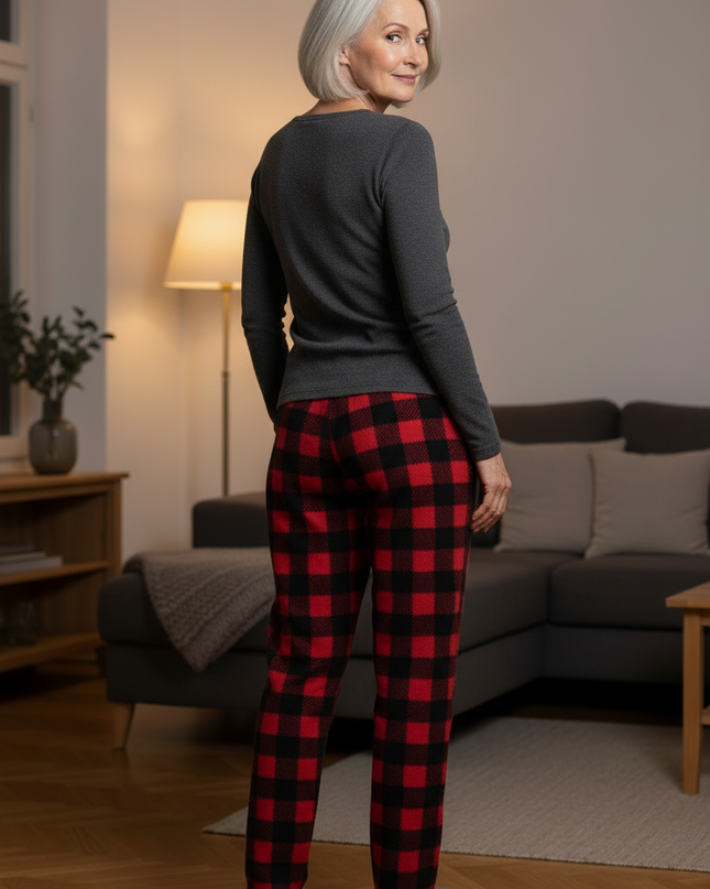 Karo Jogginghose Rot - warme Fleecehose mit elastischem Bund - Ansicht 2