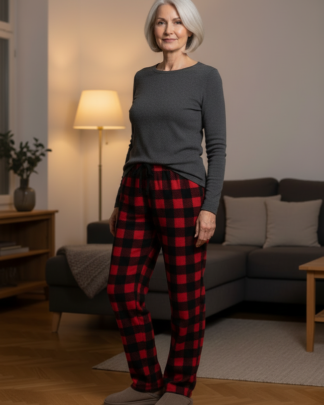 Karo Jogginghose Rot - warme Fleecehose mit elastischem Bund - Ansicht 3