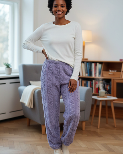 Kuschel Jogginghose Lila - warme Plüschhose mit Zopfmuster - Ansicht 1