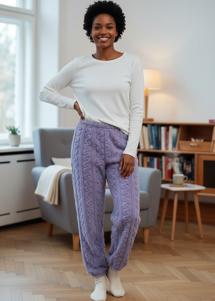 Kuschel Jogginghose Lila - warme Plüschhose mit Zopfmuster - Ansicht 1