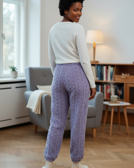 Kuschel Jogginghose Lila - warme Plüschhose mit Zopfmuster - Ansicht 2