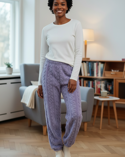 Kuschel Jogginghose Lila - warme Plüschhose mit Zopfmuster - Ansicht 3