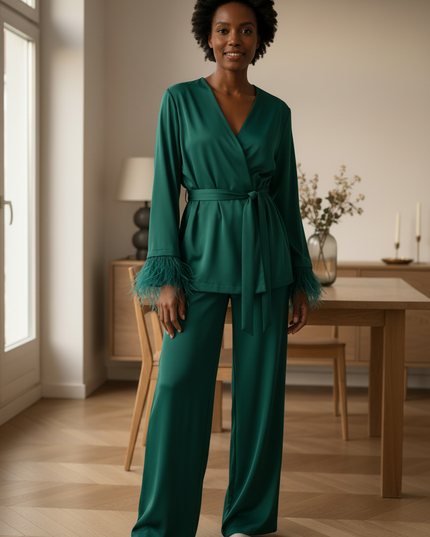 Satin Hausanzug mit Federn Grün - für zuhause - Ansicht 3