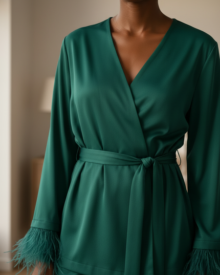 Satin Hausanzug mit Federn Grün - für zuhause - Ansicht 4
