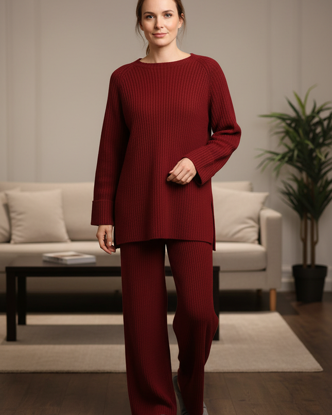 Strick Hausanzug Damen Weinrot: Loungewear-Set - Ansicht 1